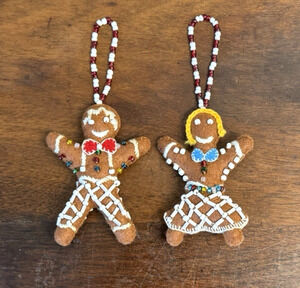 Vintage Handmade Felt Gingerbread Boy Girl Christmas Ornaments Beaded Set of 2